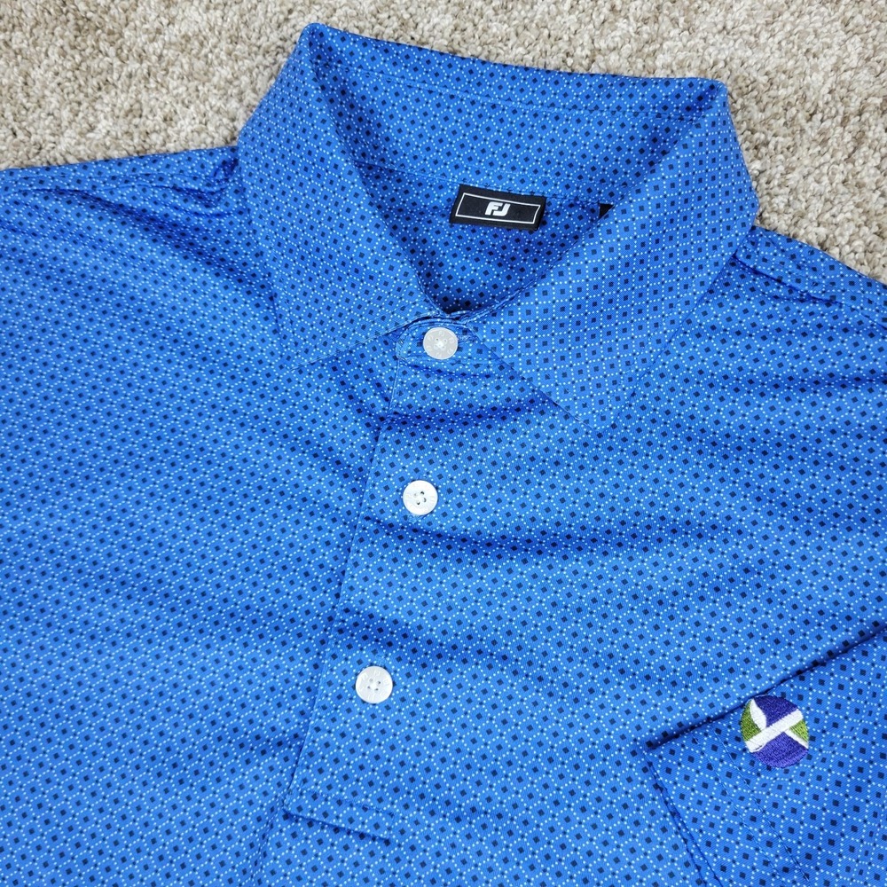 FootJoy Mens Medium Blue AOP Geometric Performance Stretch Golf Polo SS